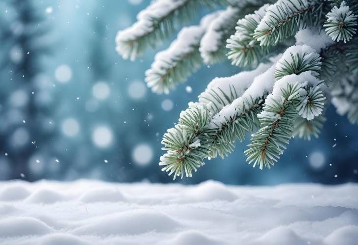 Snowy Winter Christmas Background with Spruce Branches Close Up