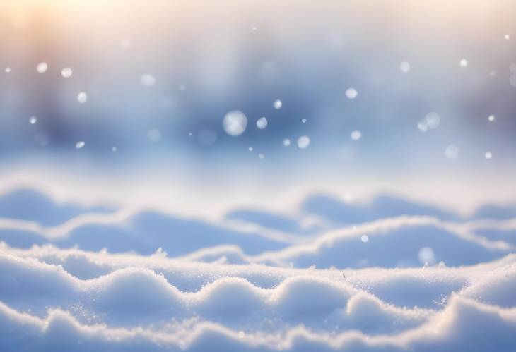 Snowy Winter Landscape with Snowdrifts, Snowflakes, Bokeh, and Blue Sky