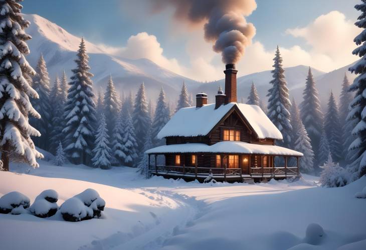 Snowy Winter Scene Featuring a Cozy Cabin, Snow Laden Trees, and Smoke Gently Rising from the Chimni