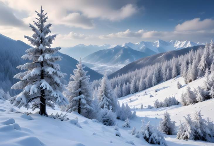 Snowy Winter Scene with Trees and Majestic Mountain Backdrop