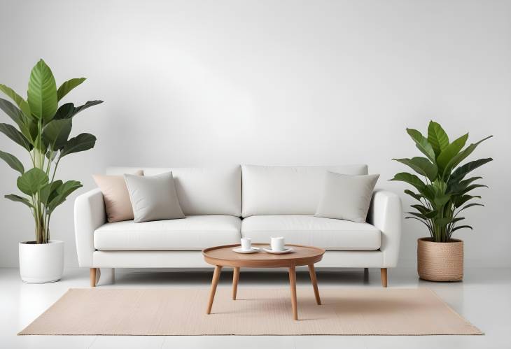 Sofa and Armchair with Indoor Plant on White Background, Front Perspective