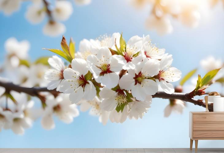 Soft Focus Cherry Blossom Branches on Blue Sky Background