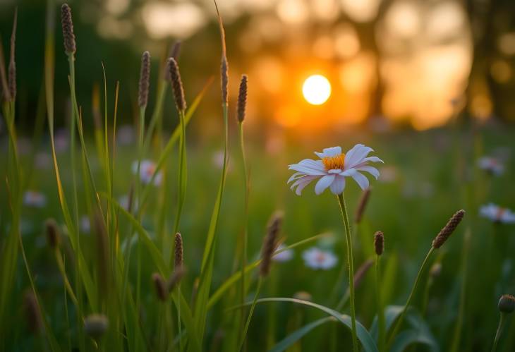 Soft Focus Grass Flowers in Sunset Garden Beautiful Nature Background Scene