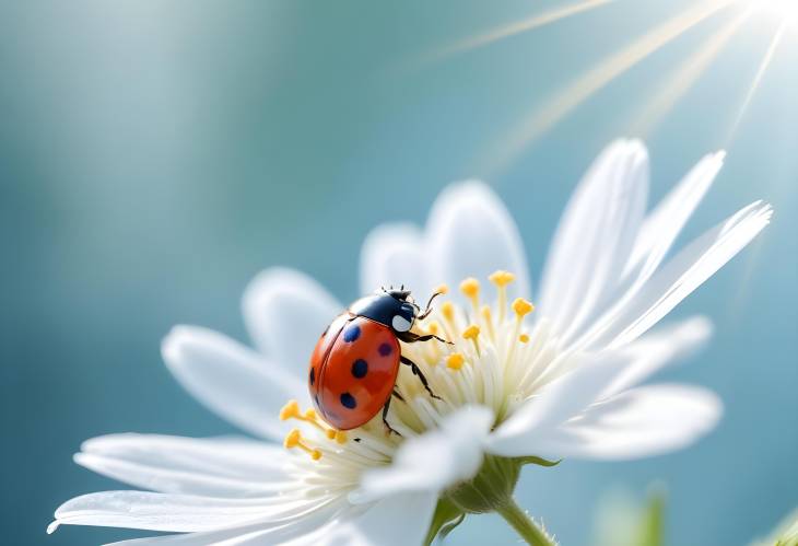 Soft Focus Ladybug on Blooming White Flower