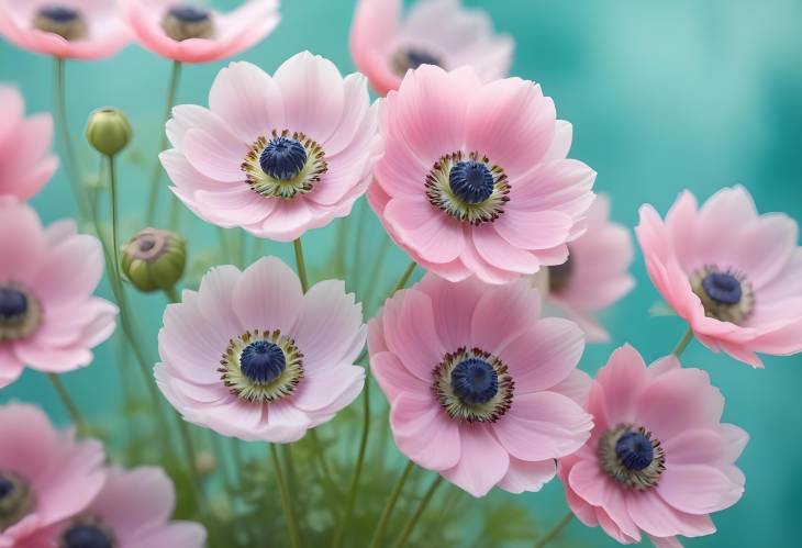 Soft Focus Pink Anemone Flowers Against Turquoise Backdrop