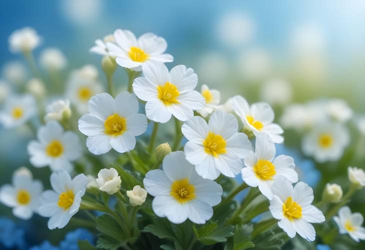 Soft Primroses with Blue Background in Spring