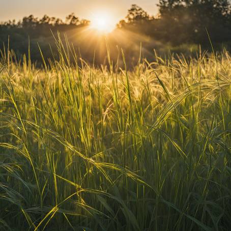 Soft Sunlight Shining Through Tall Grass in a Peaceful Field