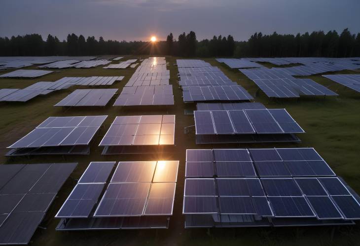 Solar Panels at Sunset Evening Glow Over a Sustainable Energy Farm