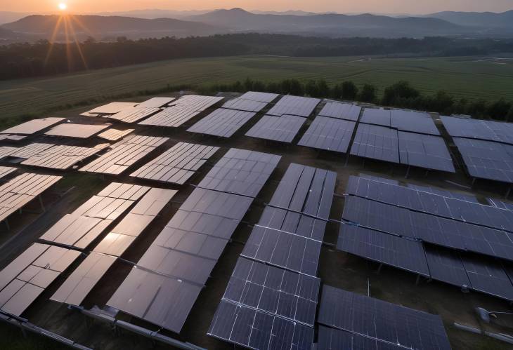 Solar Panels in the Evening Harvesting Energy During Sunset