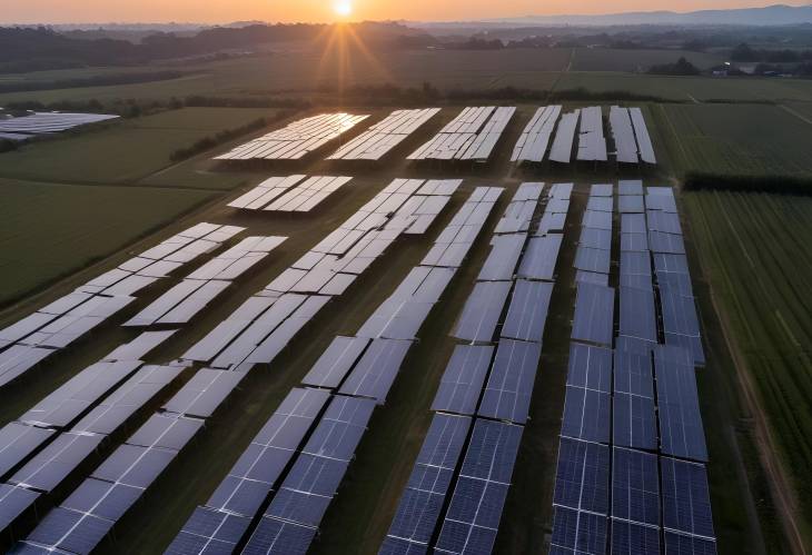 Solar Panels in the Evening Sunset Over a Sustainable Energy Landscape