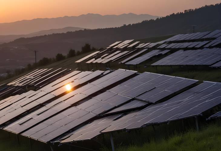 Solar Panels Reflecting the Sunset Evening Light on Sustainable Energy