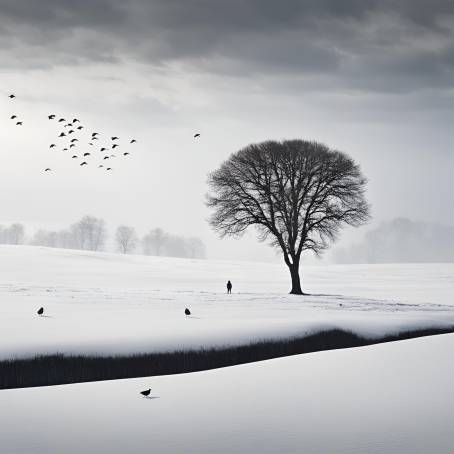 Solitary Tree and Flock of Black Birds in Snow A Minimalist Winter Photography