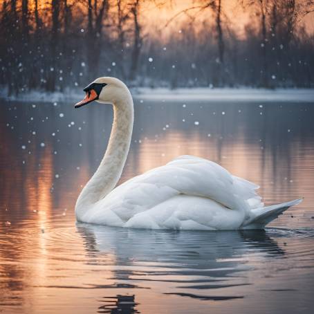 Solitary White Swan on Snow Covered Lake at Sunrise with Snowfall