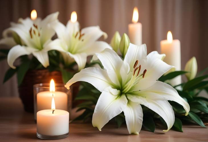 Somber Funeral Setting with White Lilies and Candlelight  Bokeh Effect Background