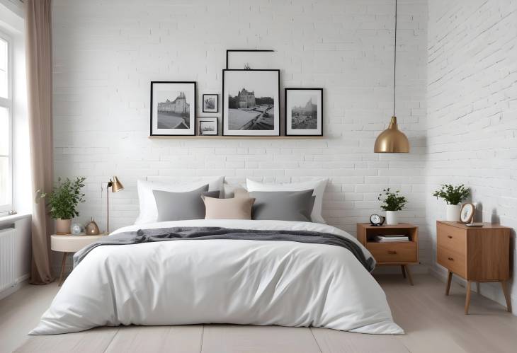 Sophisticated Bedroom Interior Comfy Bed, Bedside Tables, Chest of Drawers, and Art on Brick Wall