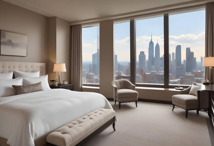 Sophisticated Bedroom Suite Featuring Plush Bedding, Modern Decor, and City Views