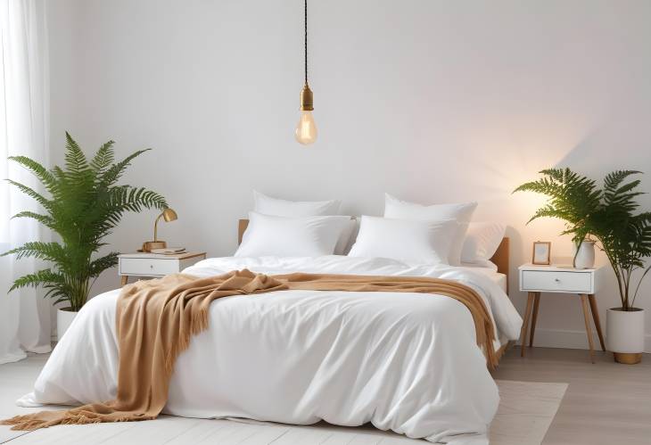 Sophisticated Bedroom with Simple Bulb Lamp on Rope, White Bed, Books, and Gold Fern Leaf