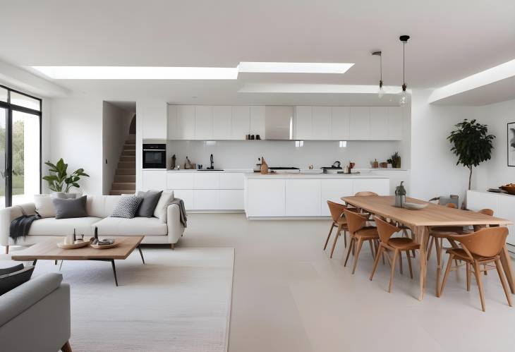 Sophisticated Contemporary Home with Open Plan Kitchen, Dining Area, and White Walls by Living Room