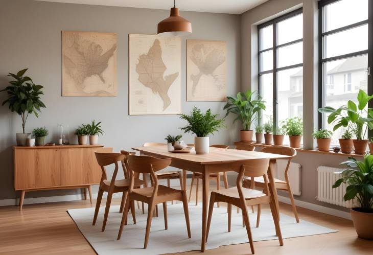 Sophisticated Dining Room Craft Wooden Table, Plants, Map Poster, Big Window, and Elegant Decor