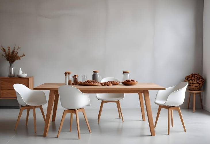 Sophisticated Dining Room Design Wooden Table, Modern Chairs, Nuts Plate, Salt and Pepper Shakers 