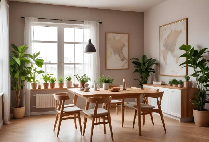 Sophisticated Dining Room with Craft Wooden Table, Greenery, Map Poster, and Elegant Modern Decor