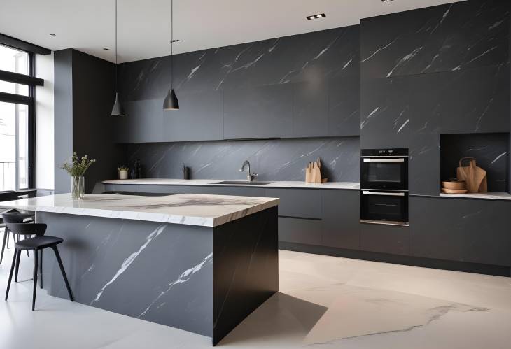 Sophisticated European Grey Slate and Marble Kitchen with Minimalist Design and Luxury Decor