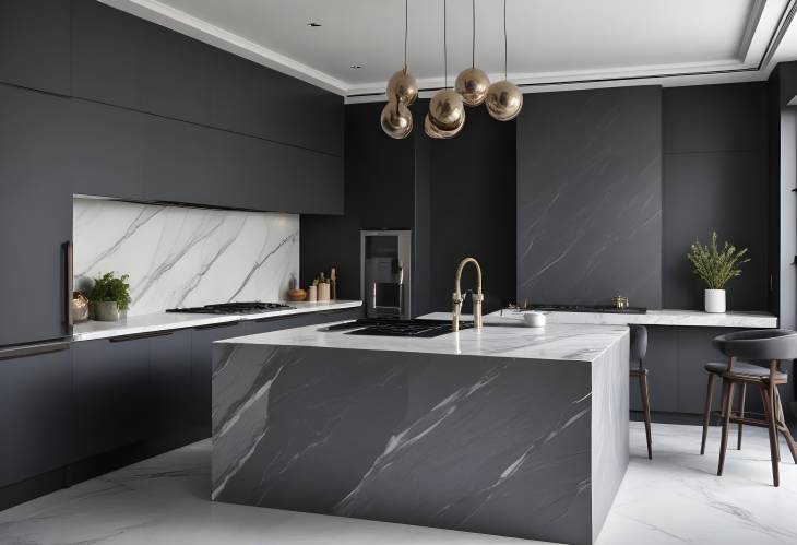 Sophisticated European Style Kitchen with Grey Slate and Marble and Minimalist Luxury Home Decor