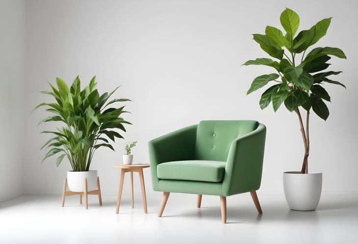 Sophisticated Green Armchair and Potted Plant Isolated on a Clean White Background