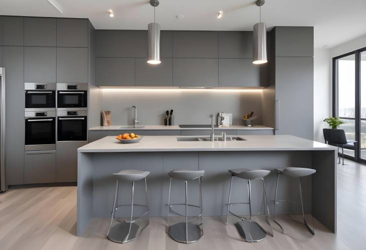 Sophisticated Grey Kitchen with Stainless Steel Appliances in a Beautiful Luxury Apartment