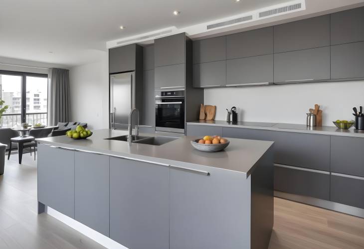 Sophisticated Grey Modern Kitchen with Stainless Steel Appliances in Luxury Living Space