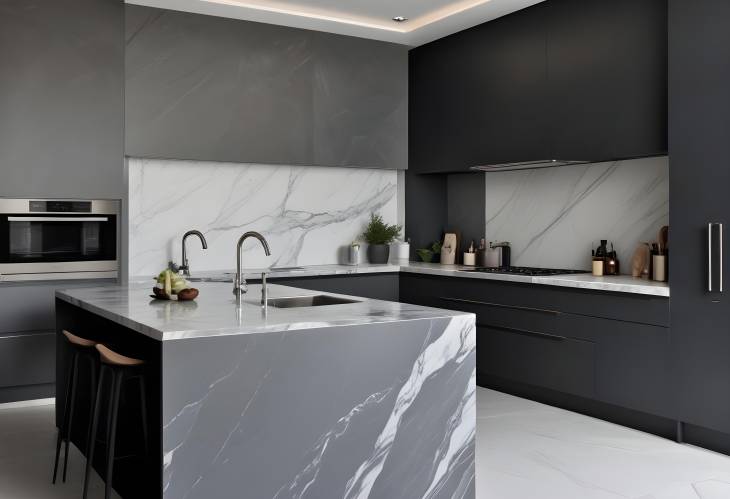 Sophisticated Grey Slate and Marble European Kitchen with Minimalist Decor and Luxury Home Standard