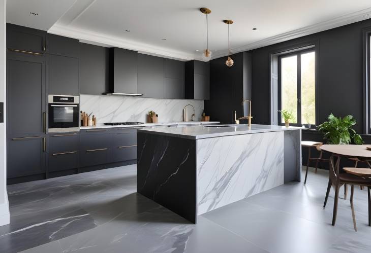 Sophisticated Grey Slate and Marble Kitchen with European Style and Minimalist Luxury Decor