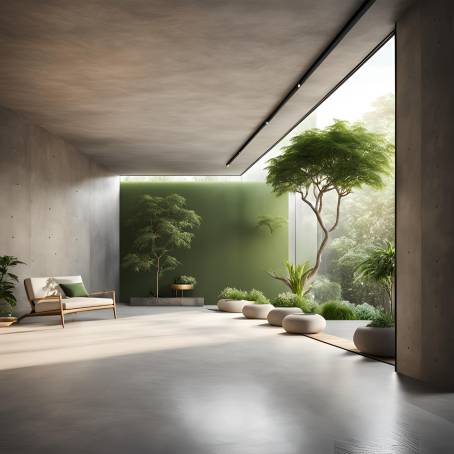 Sophisticated Interior with Zen Garden and Sunlit Concrete Wall Features