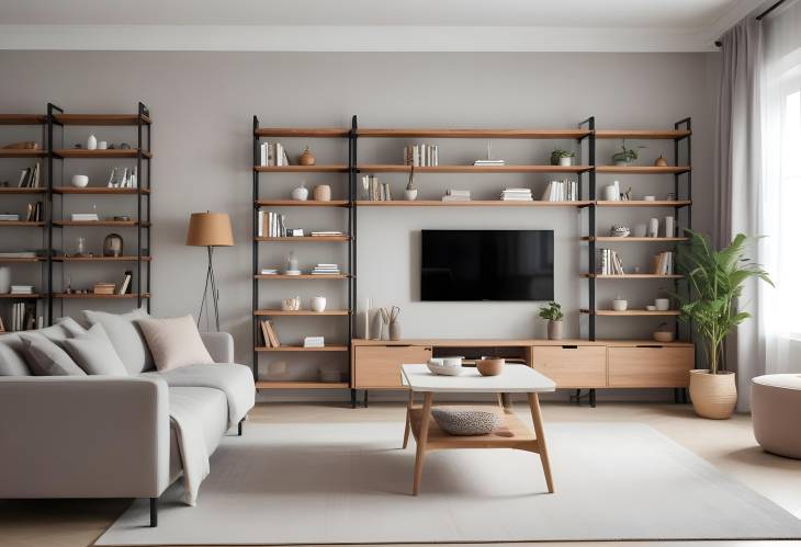 Sophisticated Light Living Room with Plush Couch, Coffee Table, and Trendy Shelving Unit