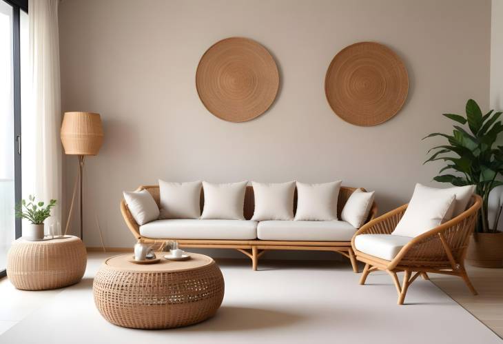 Sophisticated Light Living Room with Sofas, Rattan Table, and Soft Carpet