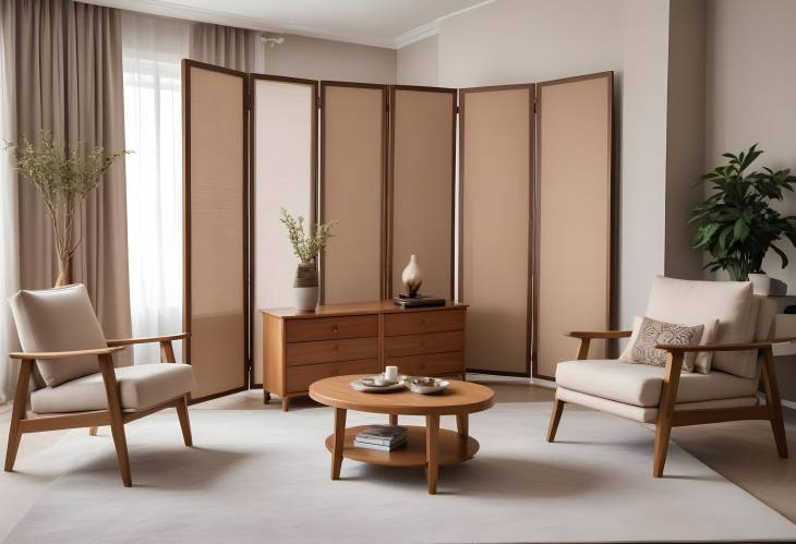 Sophisticated Living Room Interior with Folding Screen, Chest of Drawers, Armchairs Elegant