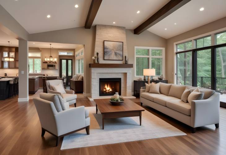 Sophisticated Living Room Interior with Hardwood Floors and Crackling Fireplace in Luxury Residence