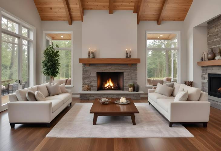 Sophisticated Living Room with Hardwood Floors and Roaring Fireplace in Luxury Home