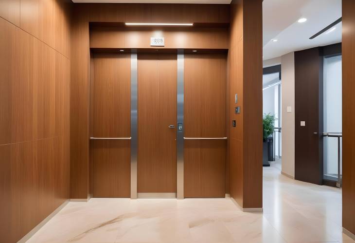 Sophisticated lobby with elevator in modern wood finished apartment building