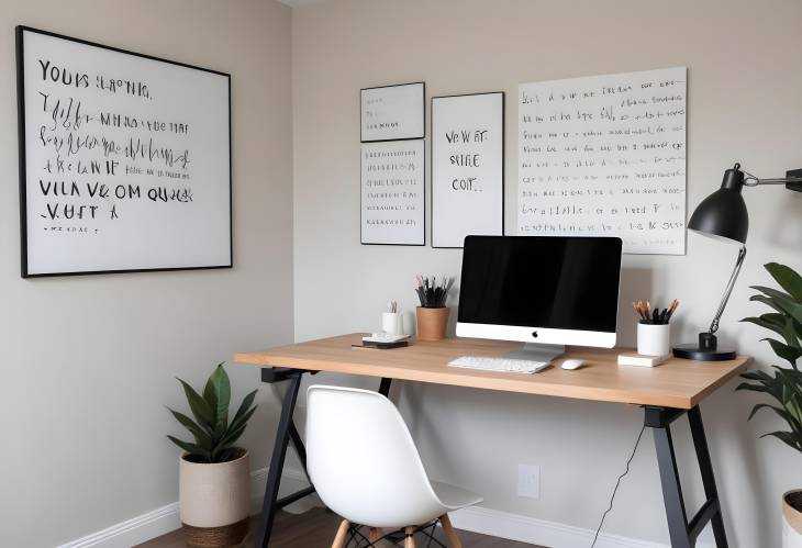 Sophisticated Minimalist Desk with Modern Laptop and Inspirational Wall Art