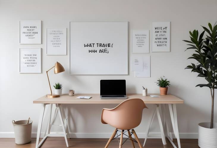 Sophisticated Minimalist Work Desk with Modern Laptop and Inspirational Wall Quotes