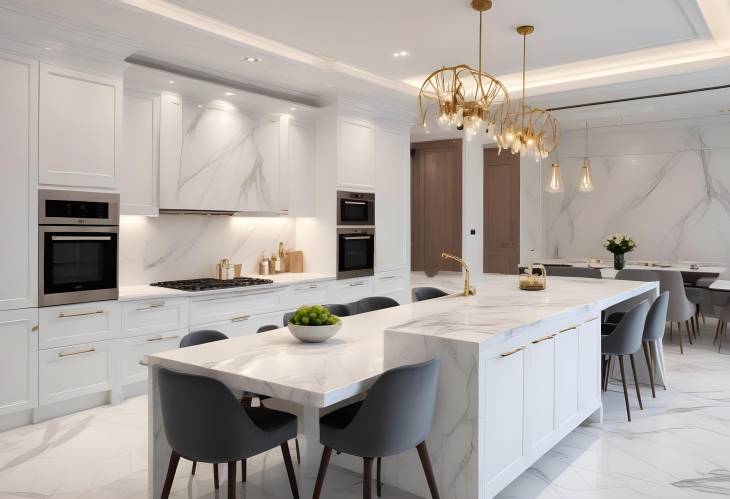 Sophisticated Modern Home with White Marble Kitchen Integrated Dining and Living Areas in Luxury