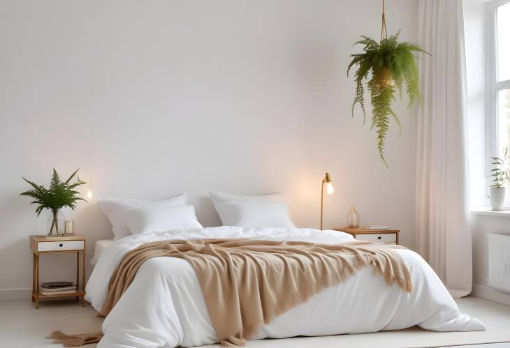 Sophisticated White Bedroom with Bulb Lamp on Rope, White Bedclothes, Books, and Gold Fern Leaf