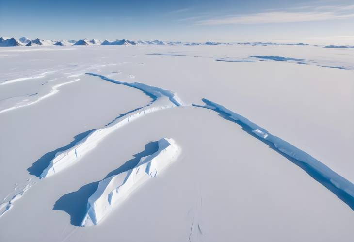 South Pole Frost Surface and Snow Covered Mountains Aerial Drone Flight Over Antarctic Ice