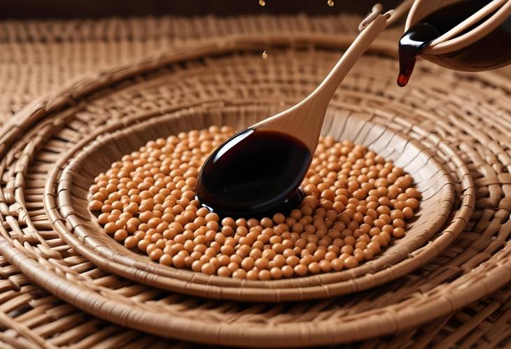 Soy Sauce Drops Falling into Bowl on Wicker Mat  Closeup of Delicious Ingredients