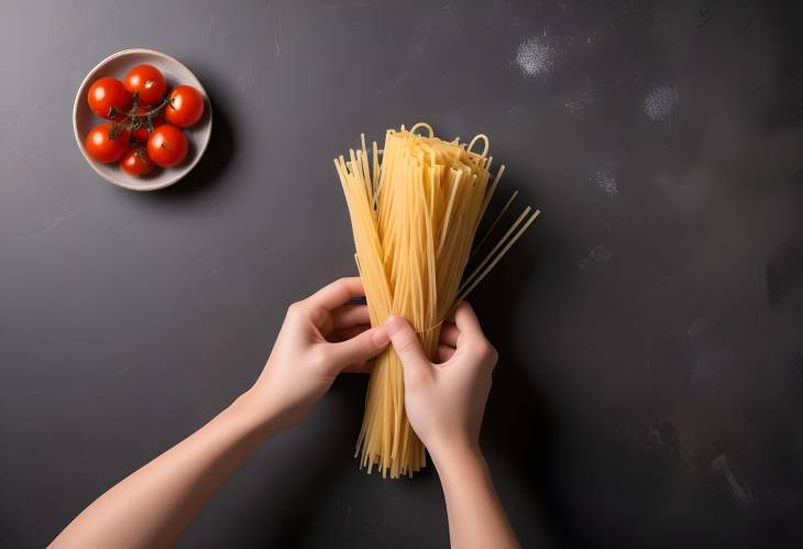 Spaghetti in Hand Raw Italian Pasta Against a Neutral Background Before Cooking