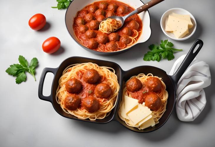 Spaghetti with Meatballs and Cheese in Tomato Sauce on White Concrete