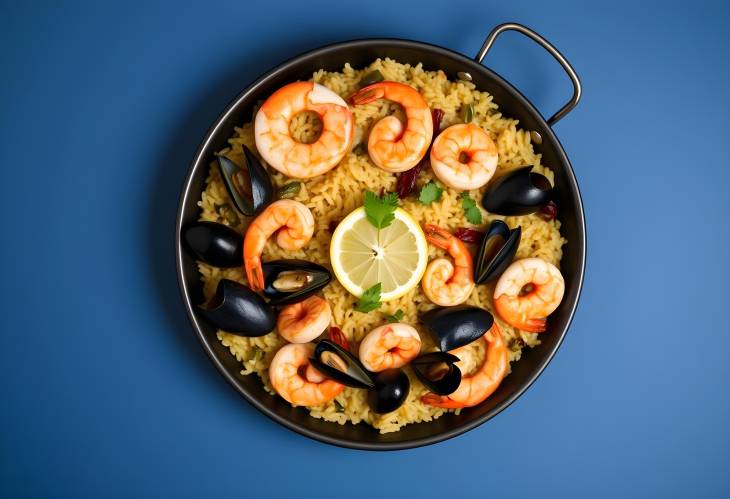 Spanish Seafood Paella Shrimps, Clams, Mussels, and Lemon on a Plate T