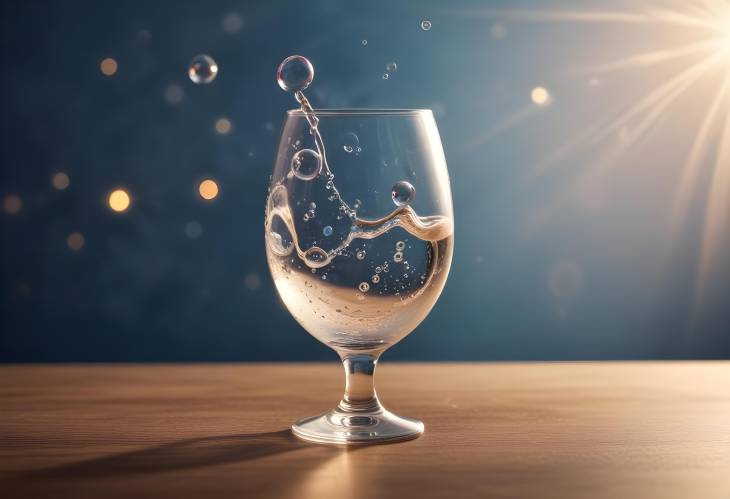 Sparkling Bubble Splash in a Wineglass Clear Water and Sunlight Reflection