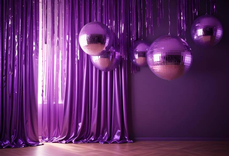 Sparkling Purple Disco Balls and Foil Fringe Curtain Creating a Fun Indoor Party Atmosphere